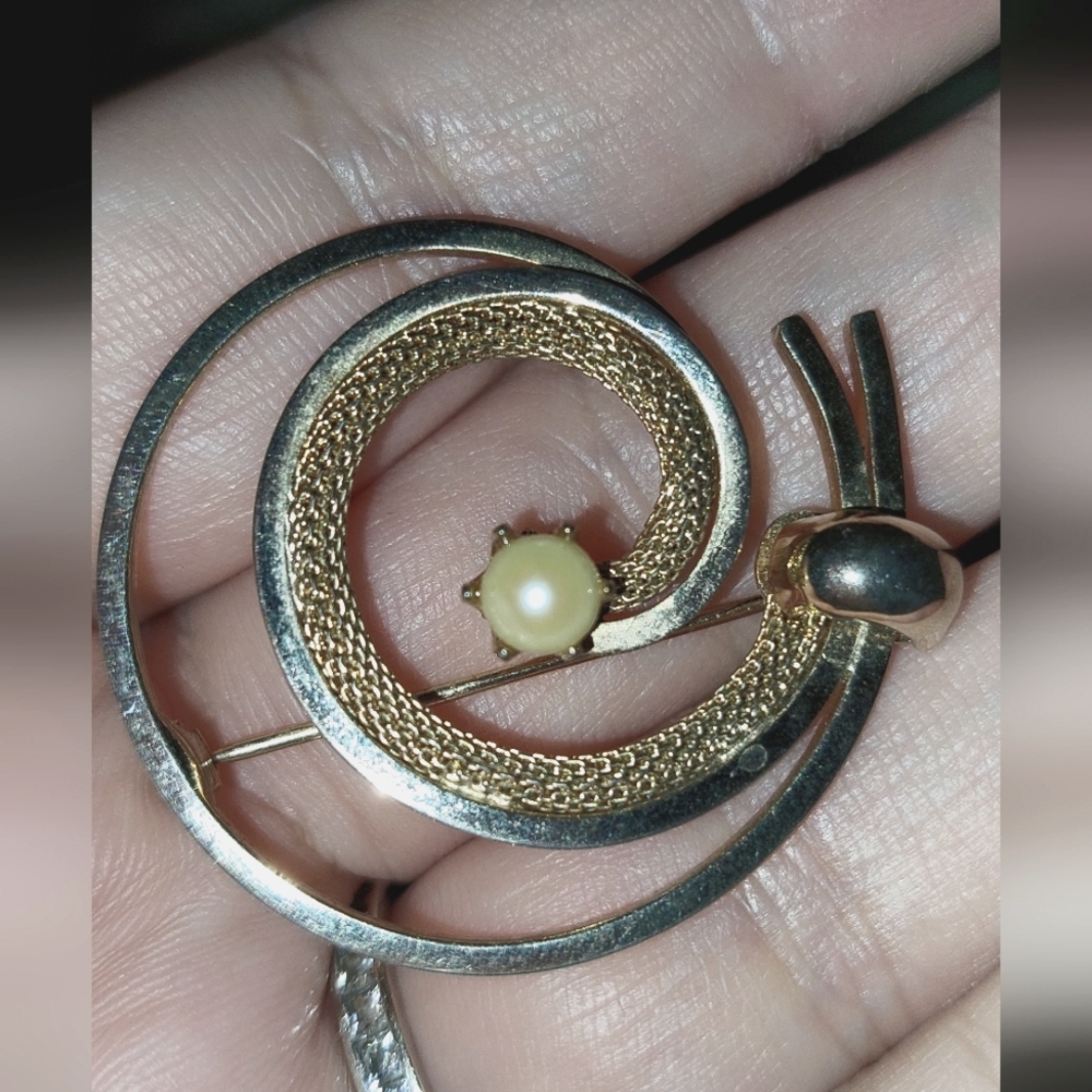Vintage Gold and Silver Swirl Brooch With Pearl Accent Smoke Free Home